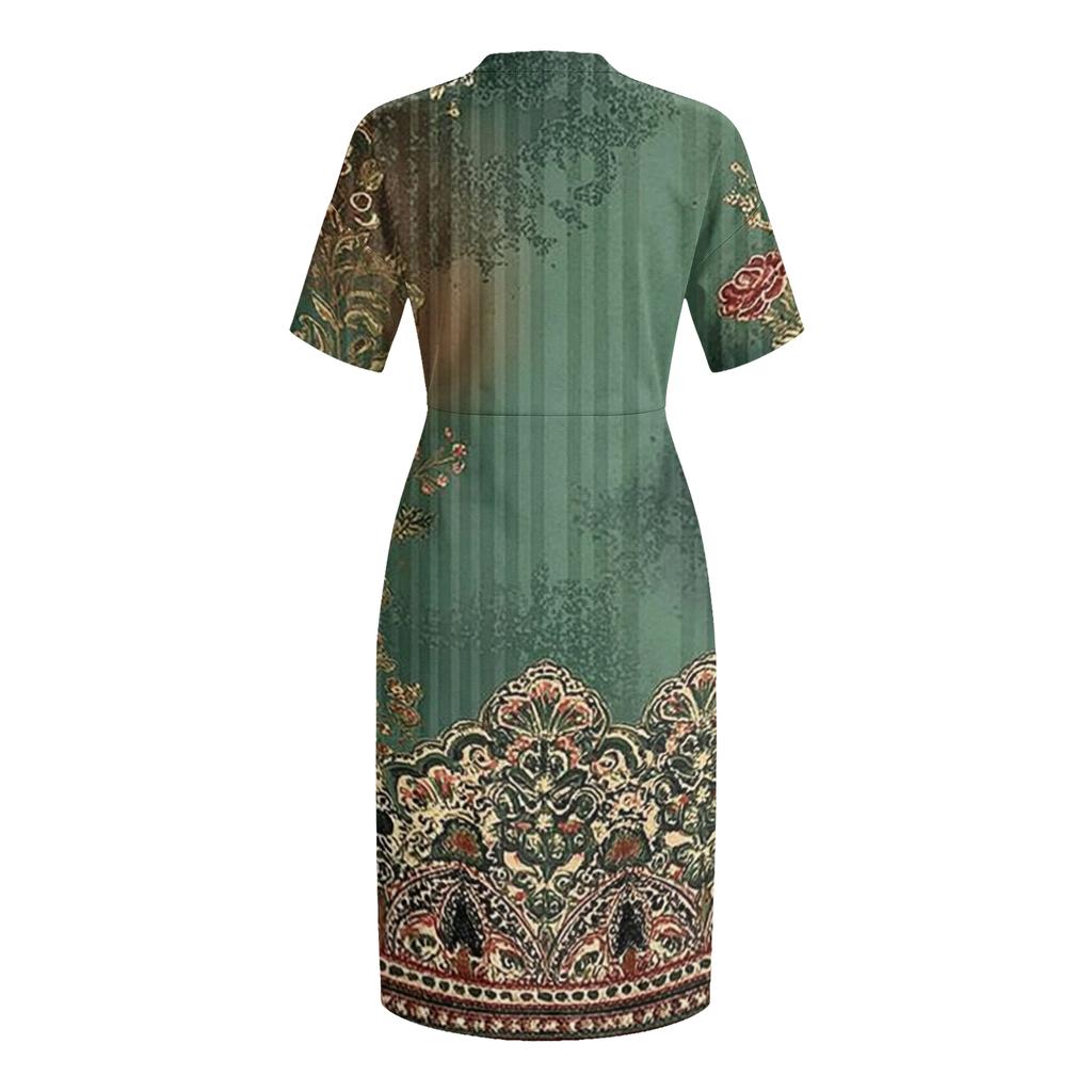 Women Plus Size V Neck Short Sleeve Knee Length Dress with Pockets Casual Loose Fit Vintage Floral Print for Summer Wear