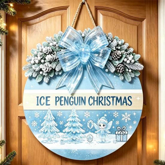 Decorative Pine Cone Sign Christmas Wooden Welcome for Front Door, Round Hanging Ornament with Solid Wood Plate Artificial Branches & Bow Decor