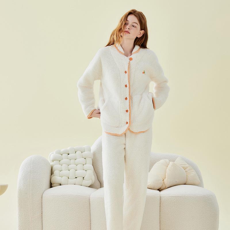 

Women s Thick Coral Fleece Lapel Pajamas - Warm Solid Color Homewear for Autumn and Winter 2XL