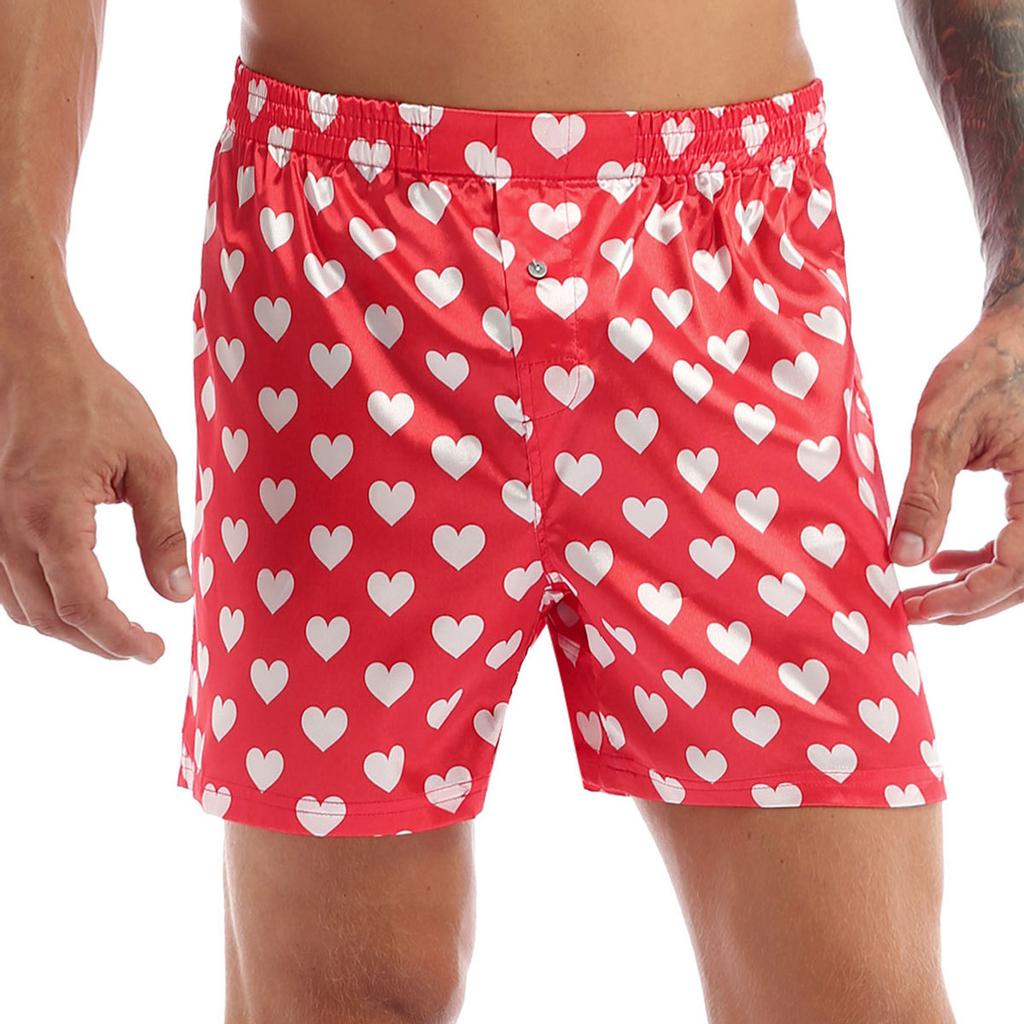 Mens Love Heart Print Soft Boxer Shorts Lightweight Loose Sports Short Pants Sleepwear Beachwear