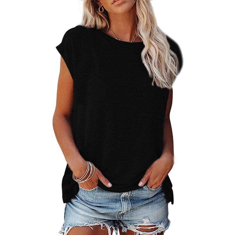 QICED Women s Fashion Casual Solid Color Print O-Neck Sleeveless Blouses & Shirts S