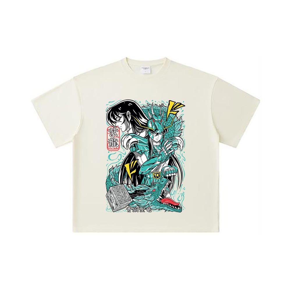 260 GSM Double Yarn 32 Count 100% Cotton Saint Seiya V8 Shiryu Print Unisex Heavy Cotton T Shirt