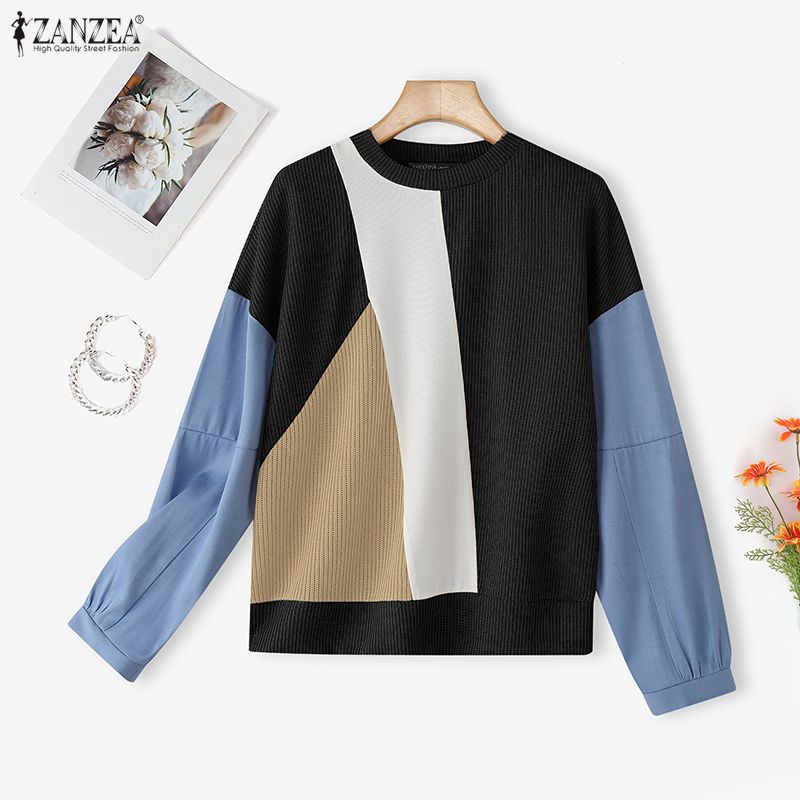 ZANZEA Women Casual Round Neck Long Sleeve Loose Patchwork Pullover Sweatshirt