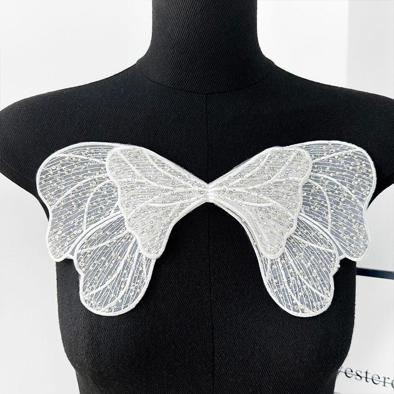 

2pcs Sequin Beading Organza Embroidery Bow Lace Patches Butterfly Sewing Appliques Sew On for Women s Clothing Wedding Gown
