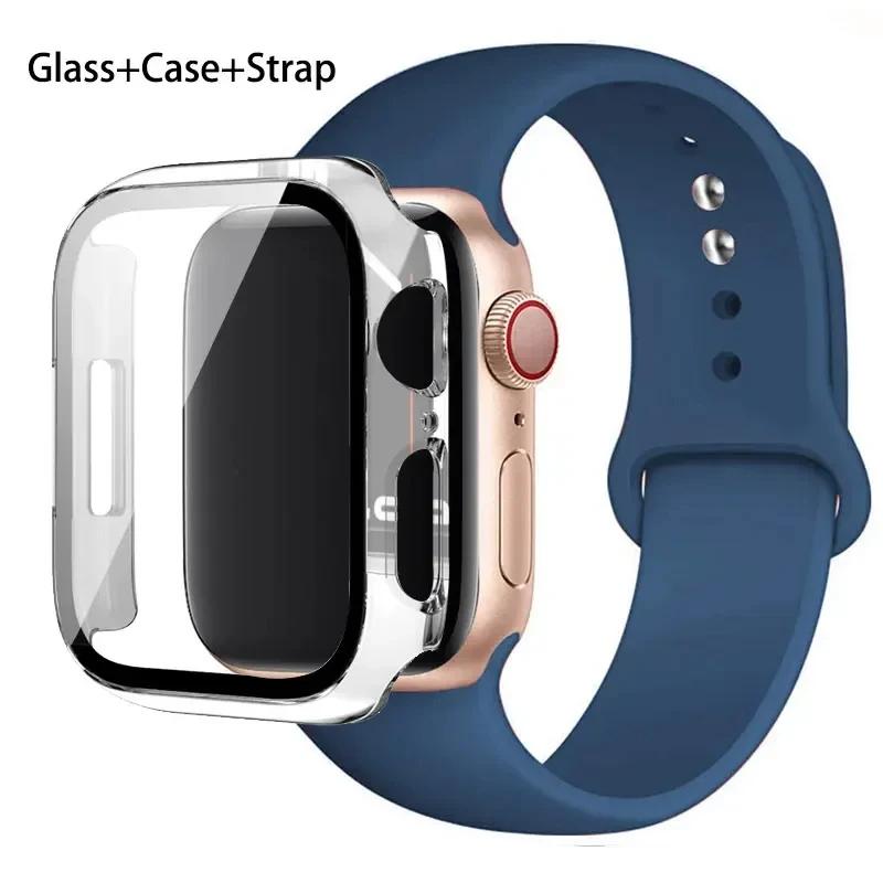 Glass+Case+Strap For Apple Watch band 46mm 45mm 44mm 41mm 40 38mm Silicone watchband bracelet iWatch series 10 9 8 7 6 5 4 3 SE