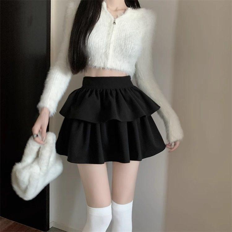 Women's High-Waisted White Wool Plaid Ruffle Skirt - A-Line, Fluffy Autumn Style, Anti-Exposure.