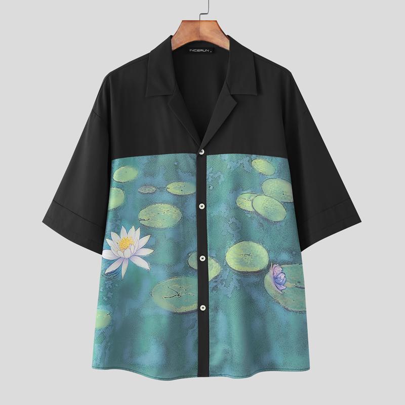 

INCERUN Men Lapel Neck Short Sleeve Floral Print Patchwork Casual Oversized Shirts M