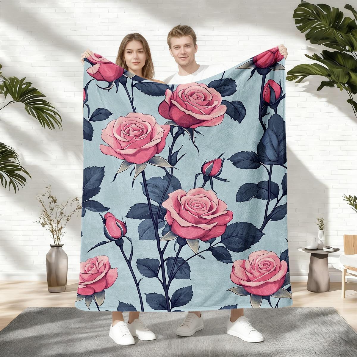 

1pc Pink rose patterned blanket polyester fabric machine washable suitable for bedroom and living room décor 75x100cm