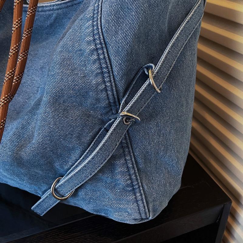 Denim Hobo Tas met Gevlochten Touw Handvat Stijlvolle Dames Schoudertas voor Casual Kleding en Stranduitjes