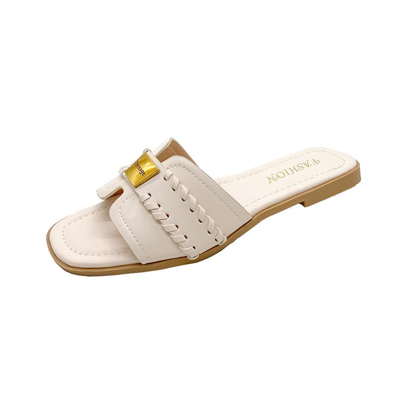 

Мода 2025 Новые женские шлепанцы с плоским квадратным носком Модные универсальные женские туфли для дома и улицы Дизайнерские сандалии 40 бежевый