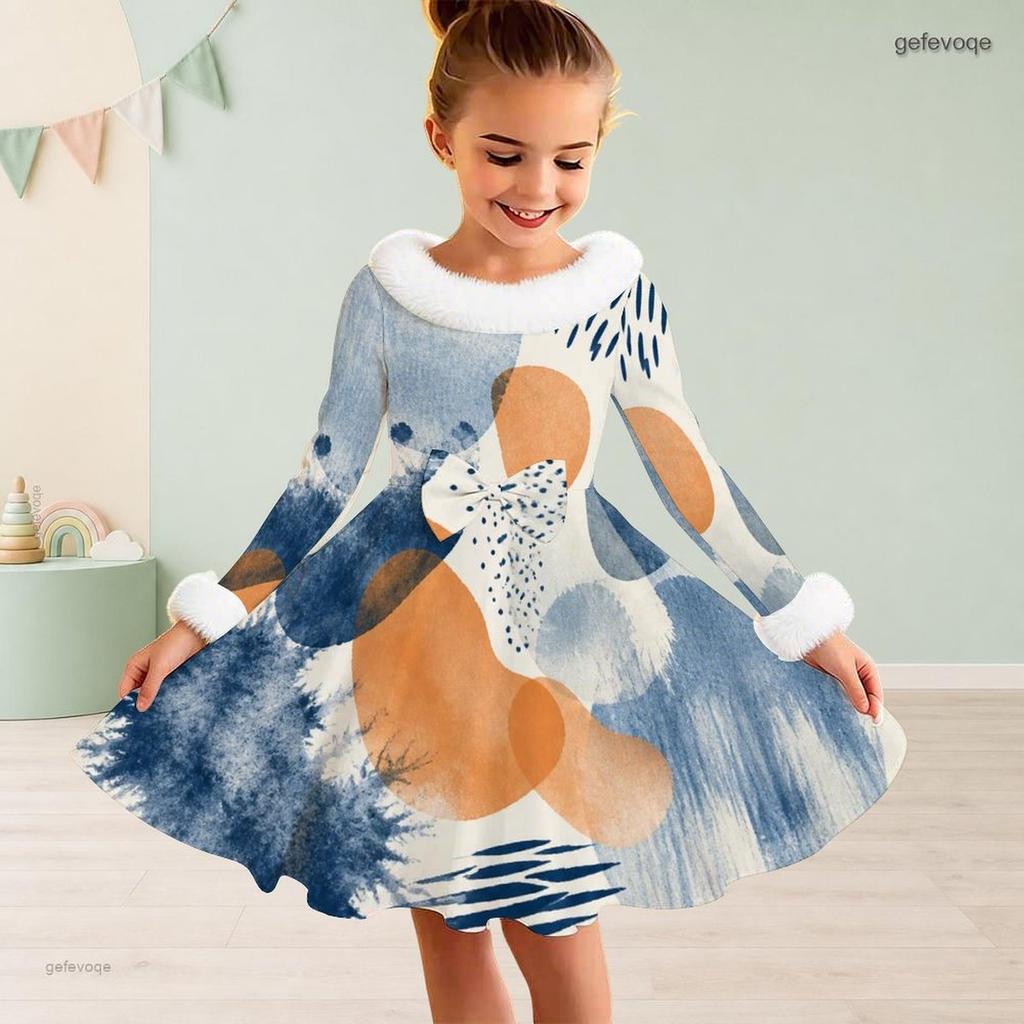 Girls High Neck Long Sleeve White Base Abstract Printed A Line Flared Dress With Fuzzy Trim And Bow
