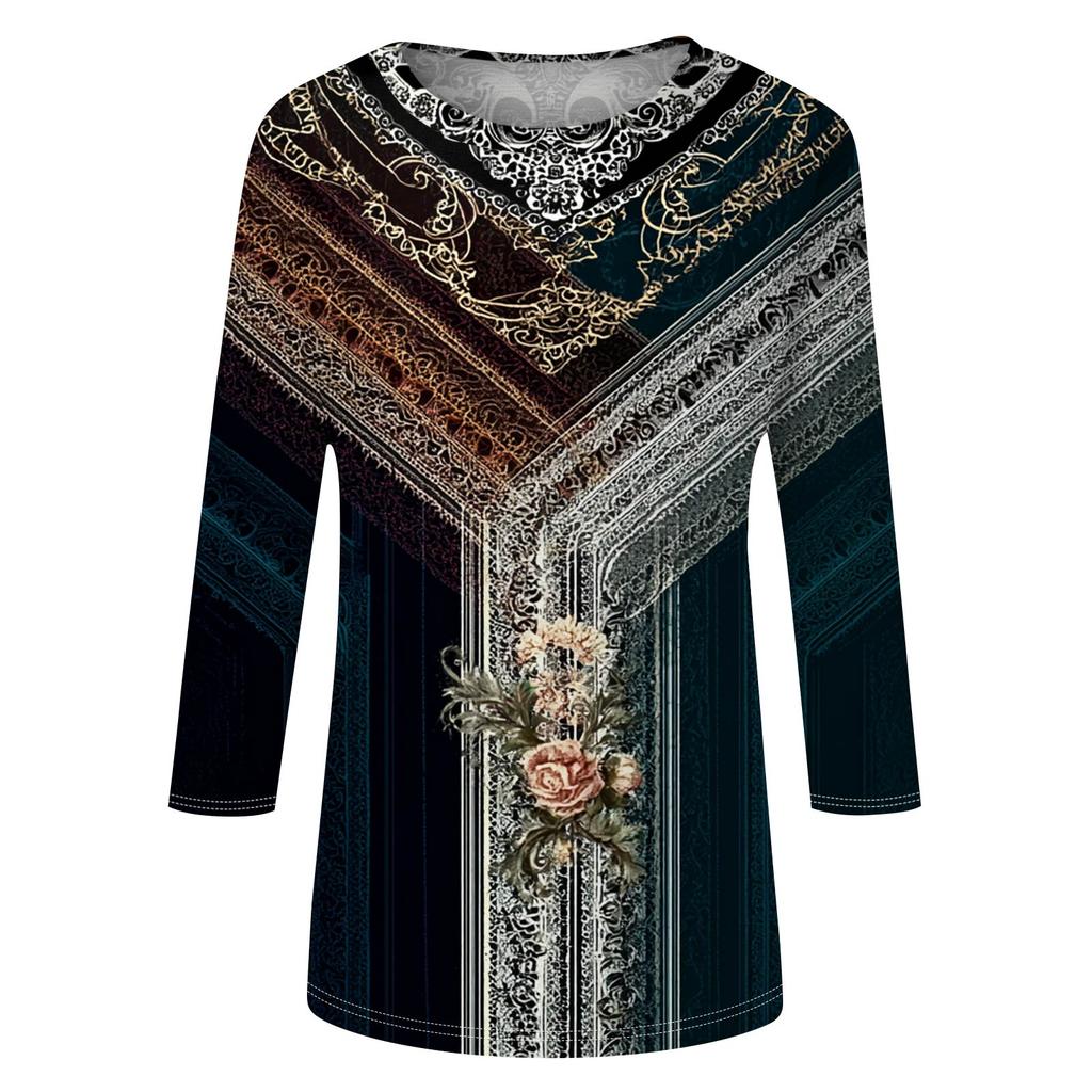 Módní vintage top s 3/4 rukávem pro ženy, dámská ležérní halenka s tříčtvrtečním rukávem a kulatým výstřihem s potiskem