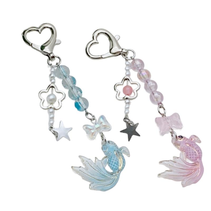 Goldfish Bead Charm Keychain with Star Bowknot Handmade Acrylic Keyring Pendant Fashion Accessory for Bags Backpacks