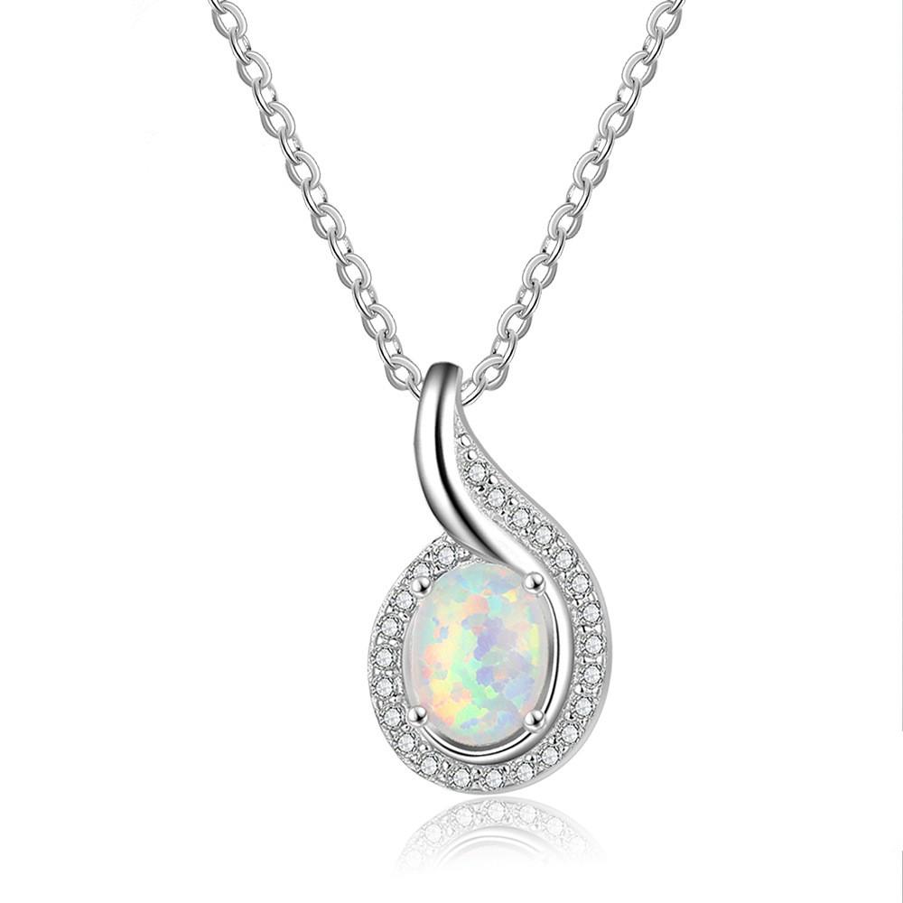 European Hot Sell S925 Sterling Silver CZ Inlaid Waterdrop Necklace Four Prong Oval Opal Pendant Necklace for Women