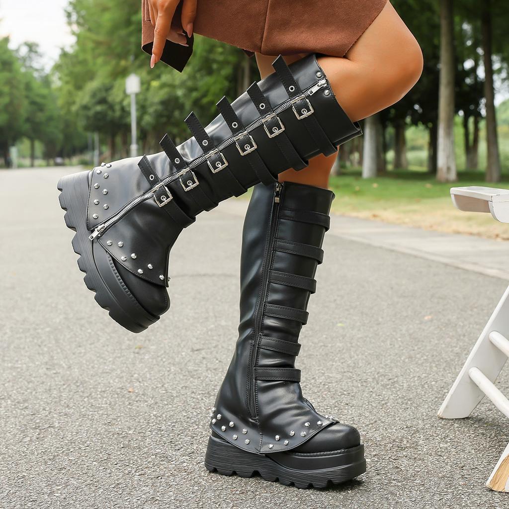 Women Boots Platform Fashion Punk Sexy Motorcycles Boots Women Outdoor Knee High Boots New Luxury Cosplay Gothic Shoes Women
