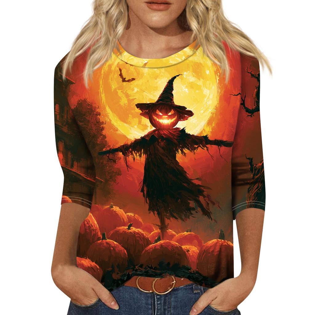 Women's Halloween Print Three-Quarter Sleeve Round Neck Casual T-Shirt Top
