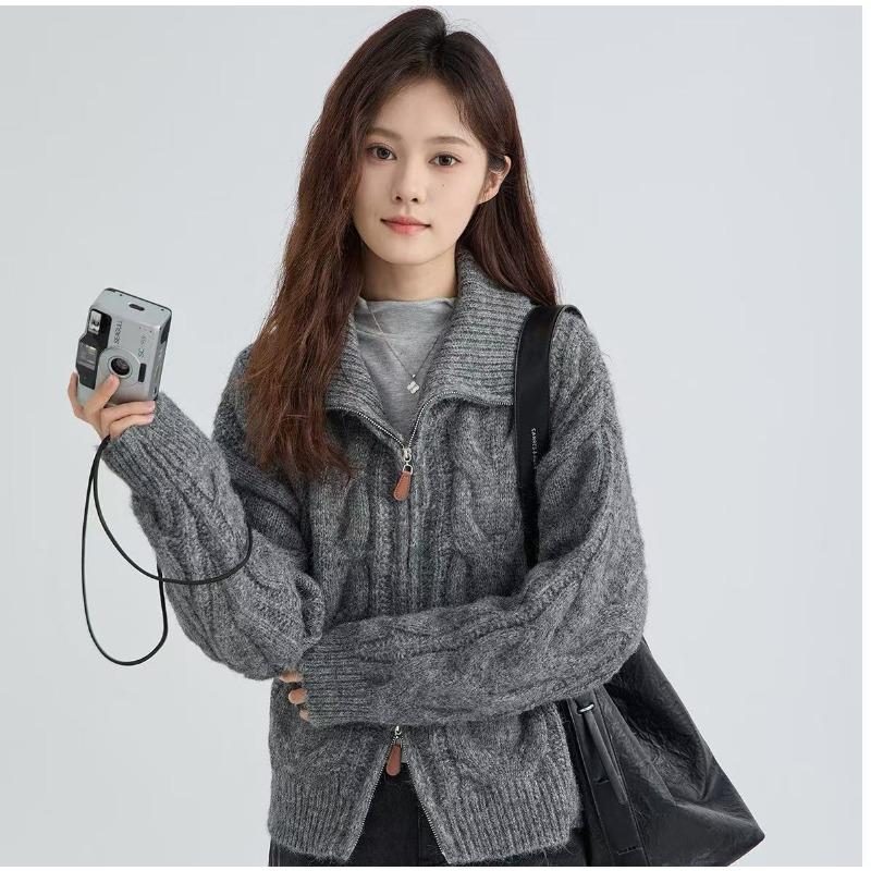 Autumn/Winter Twist Double Zipper Cardigan Sweater Women Fashion Elegant Turtleneck Loose Retro Knitted Jackets New Casual Solid Office Clothing