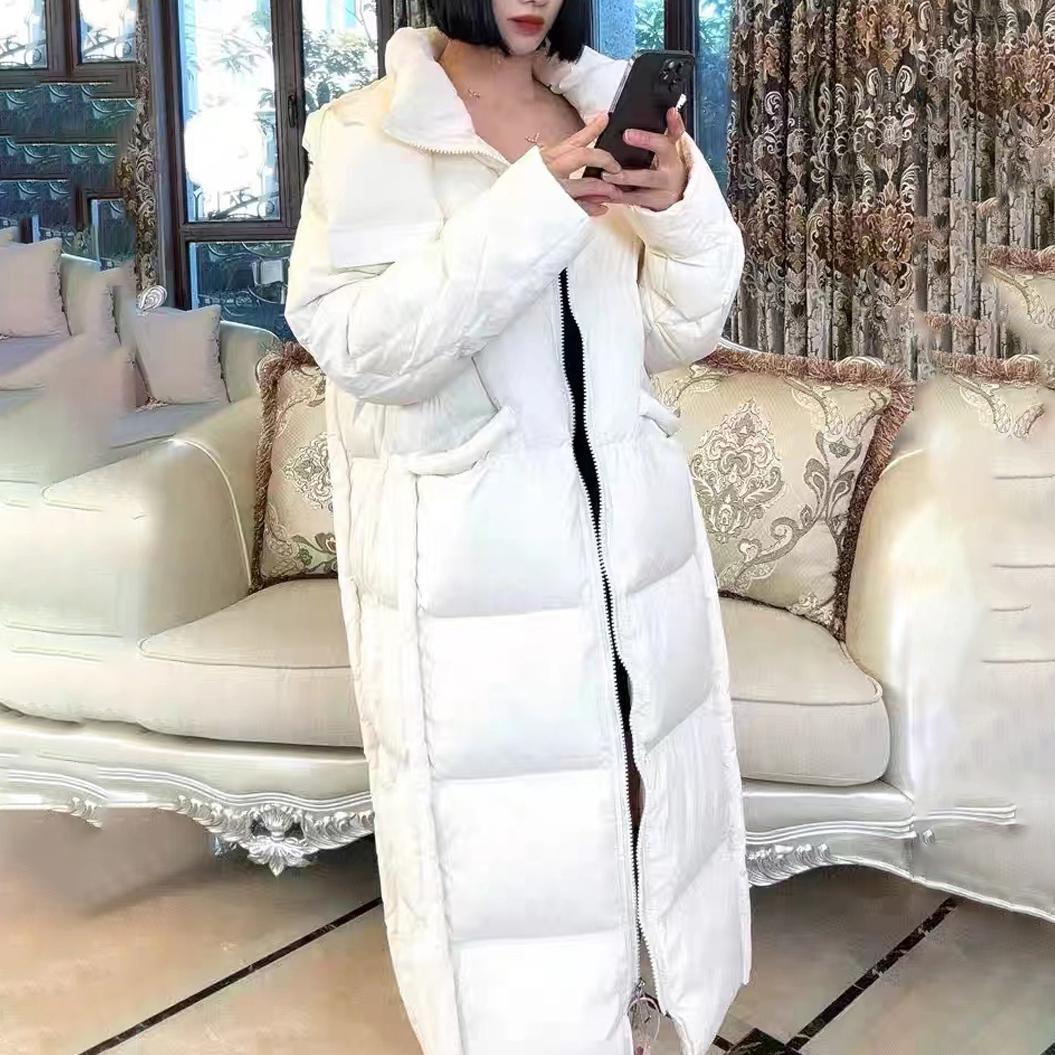 

Пуховик ветрозащитный женский длинный рабочий костюм зимняя теплая куртка с капюшоном белый утиный пух S белый