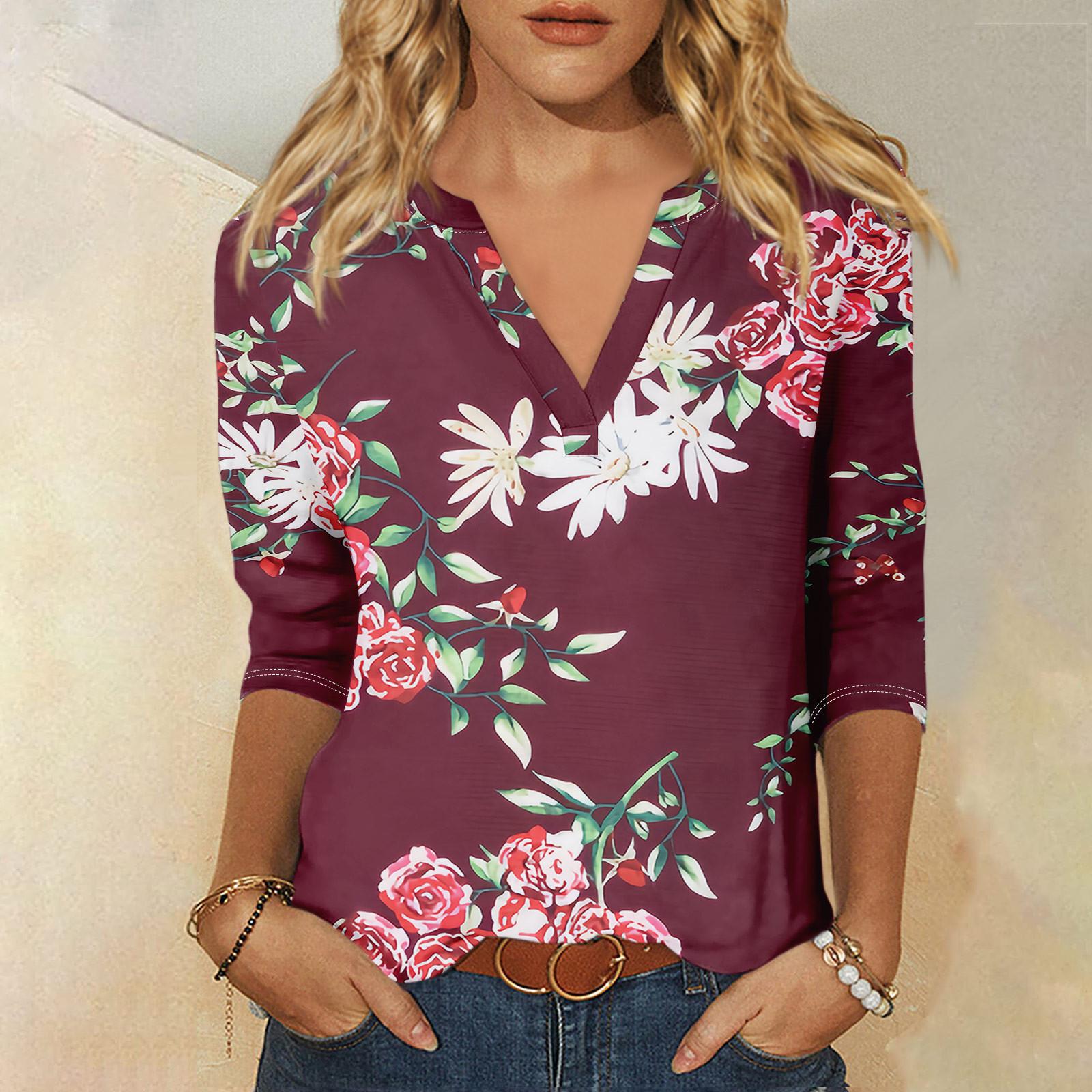 

Жіноча футболка з принтом і рукавами 3/4, щоденна мода на вихідні, базовий V-подібний виріз, звичайний топ XL винний