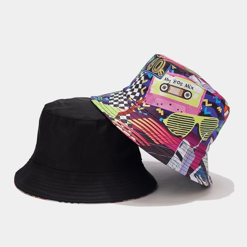Europäischer und Amerikanischer Retro Klassiker 80er 90er Party Fischerhut Unisex Mode Graffiti Wendbarer Fischerhut