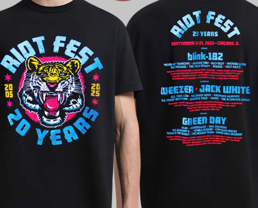 Riot Fest 2025 20 Years Anniversary Tiger Lineup Two Sided T-Shirt VK00487 Unisex T-Shirt XL