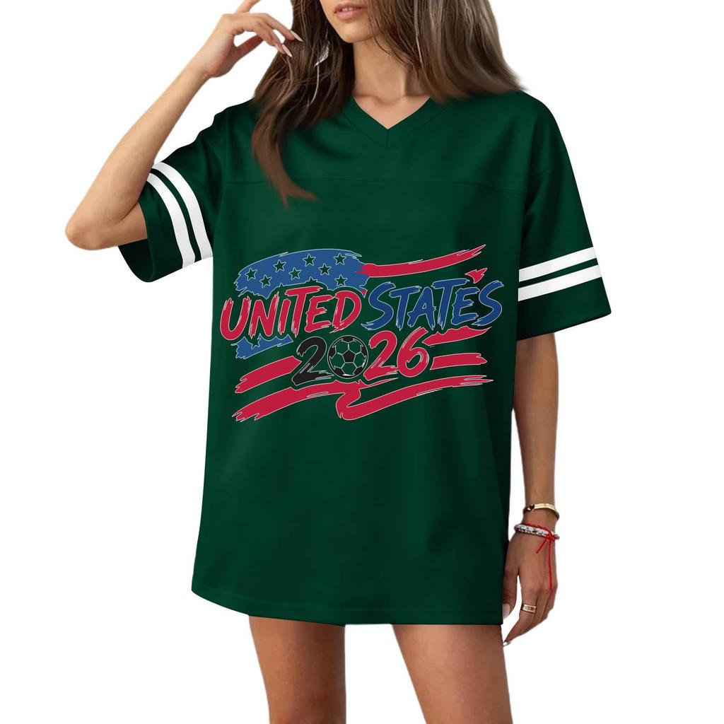 Women’s Casual V Neck Short Sleeve Soccer Jersey Top with States Flag and 2026 Football Graphic Print for Sports and Wear