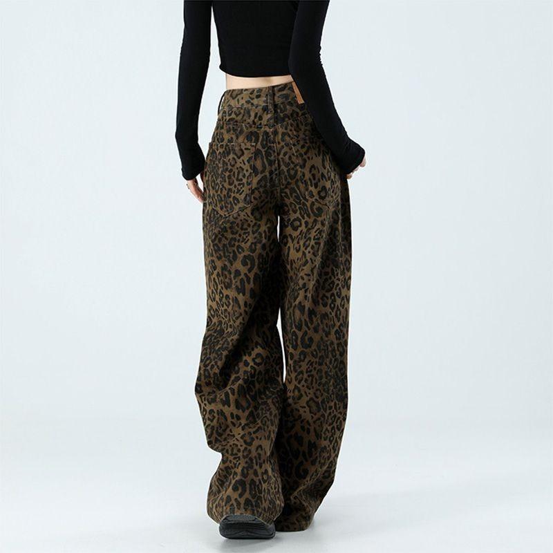 Womens High Waist Leopard Print Wide Leg Jeans Y2K Baggy Denim Trousers Streetwear