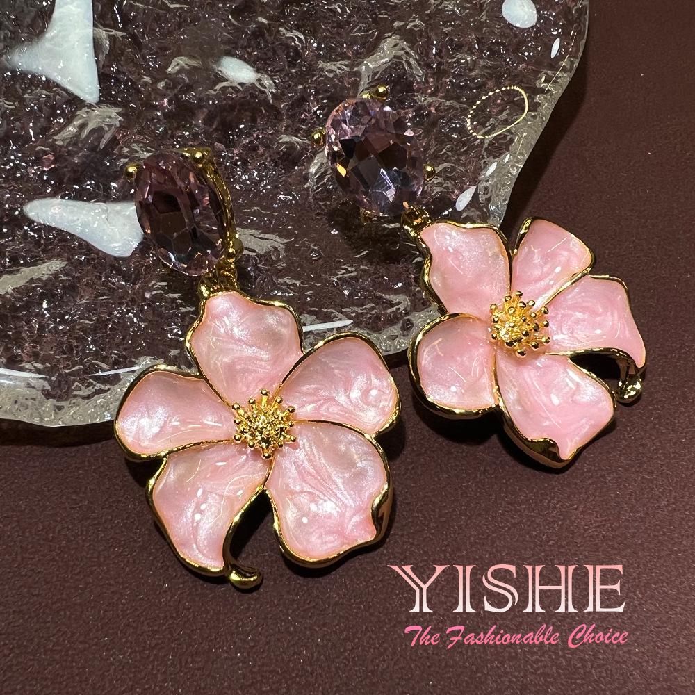 New Chinese Style Cloisonné Enamel Large Pink Flower Earrings In Elegant Gold-Plated Copper - European & American Statement Jewelry.