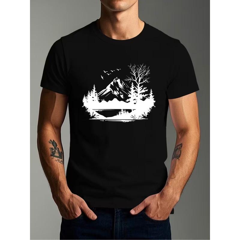

European Size Men S Outdoor Graphic Tee - Featuring Mountain And Pine Tree Artwork, Lightweight Summer Shirt, Relaxed Fit for Outdoor Activities 4XL чорний