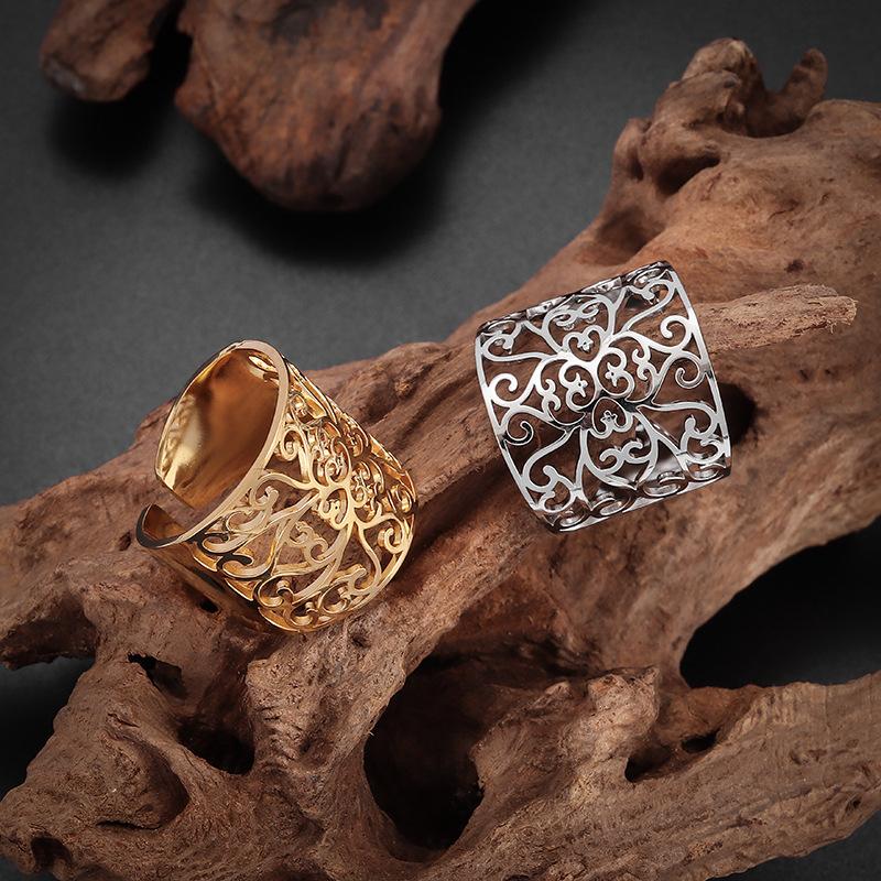 European and American Style Domineering Retro Fashion Ring with Adjustable Stainless Steel Hollow Pattern Ring Opening