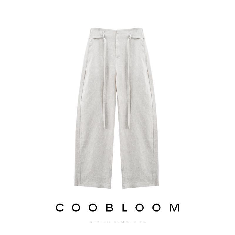 100% Linen Wide-Leg Curve Design Lace-Up Long Pants Medium