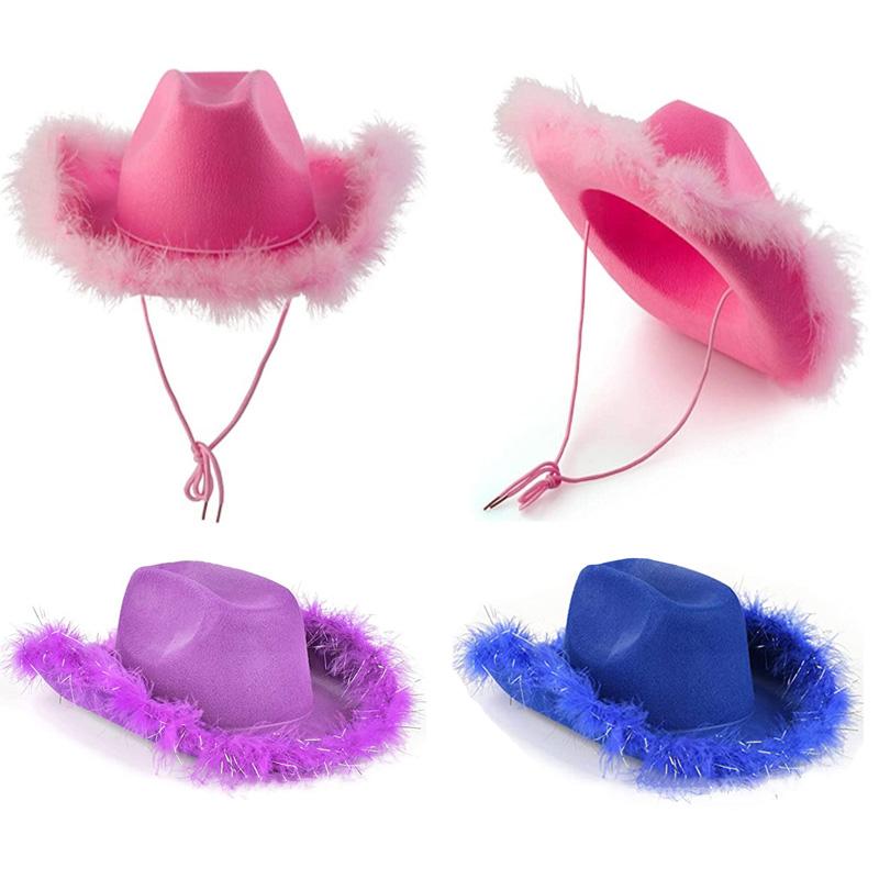 

1 шт. Модная фетровая шляпа с необработанными краями, пушистая шляпа с перьями и полями из акрилового волокна, ковбойская шляпа, шляпа