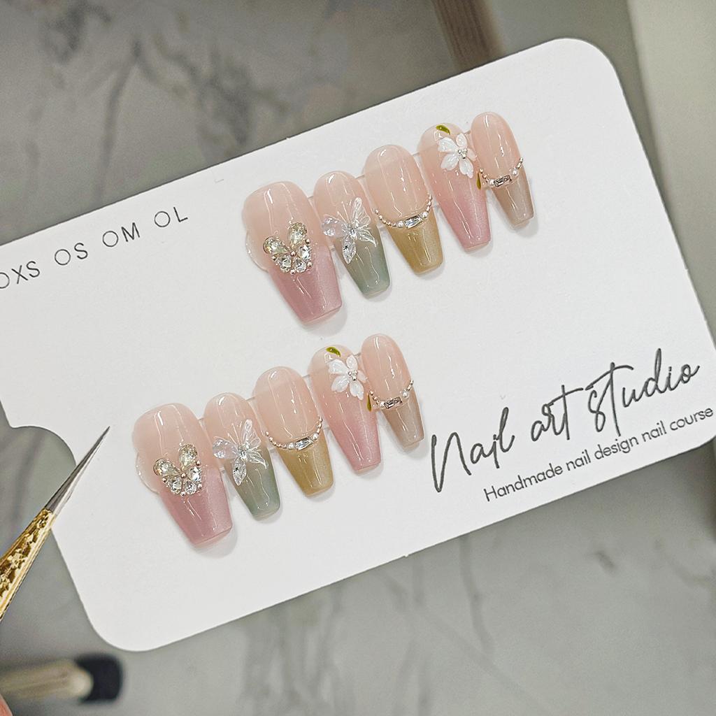 10pcs Handmade Coffin Fake Nails Blusher Gradient Press On Nails For Girls Wearable False Nail Full Cover Artificial Nail Tips