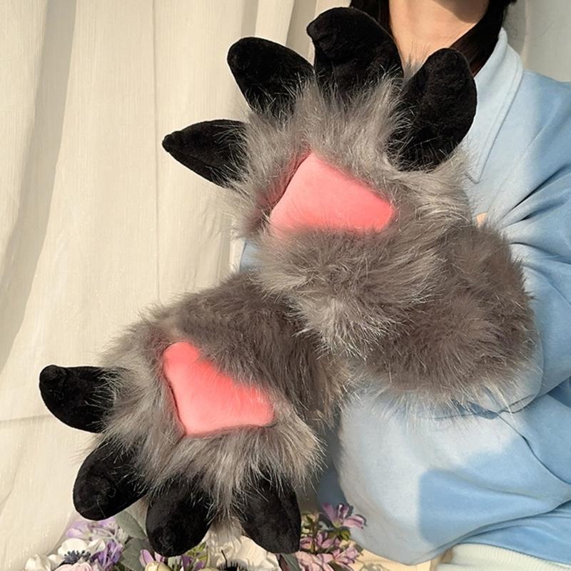 Faux Furs Plush Cats Claw Gloves Fursuit Animal Foxes Paws Mittens Halloween Cosplay Costume Accessories Adult Kids