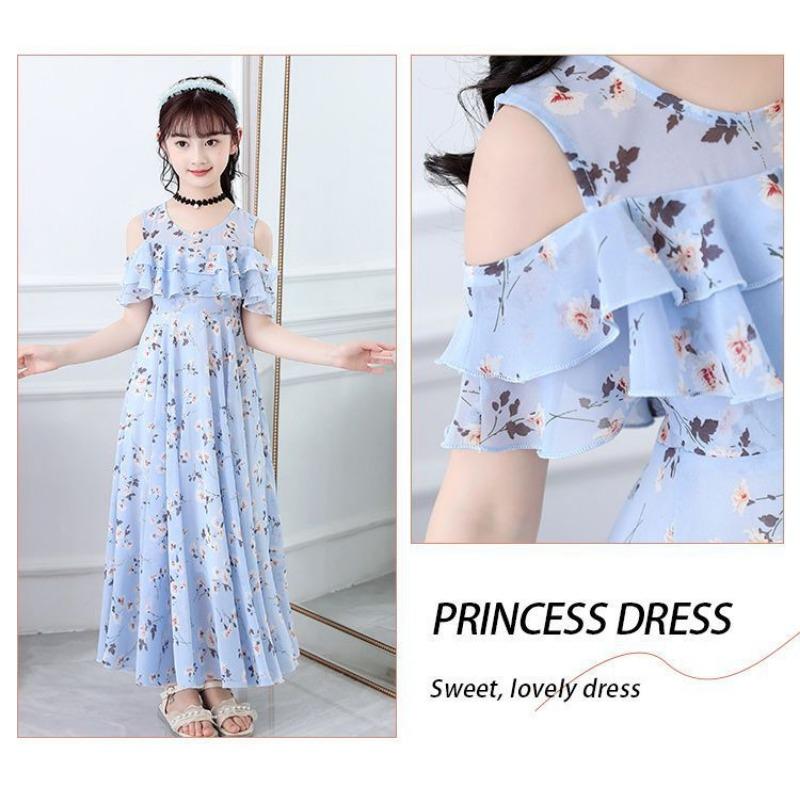 Kleines Mädchen Blumen Chiffon Prinzessin Langes Kleid Kinder Sommer Freizeitkleid