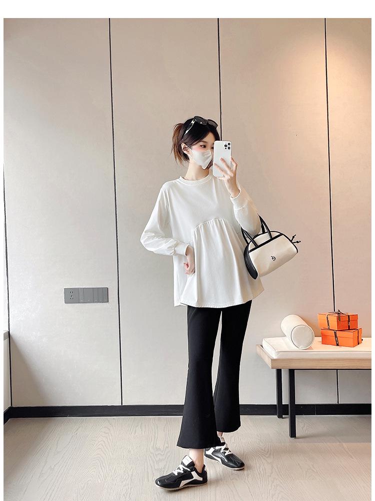 Korean Style Khaki Babydoll Maternity Sweatsuit with Micro Flared Pants for Spring/Autumn