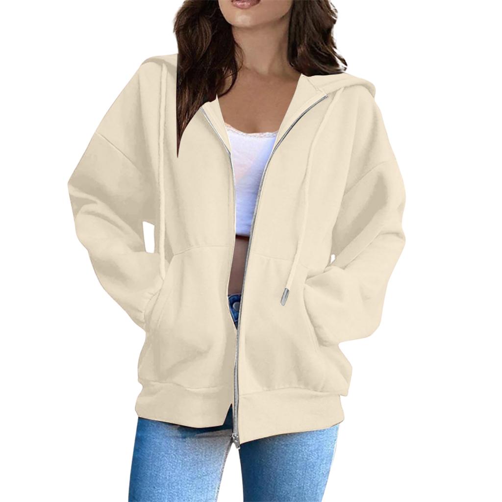 Women’s Long Sleeve Zip Up Hoodie Jacket with Drawstring Hood Casual Loose Fit Sweatshirt Outerwear for Everyday Wear