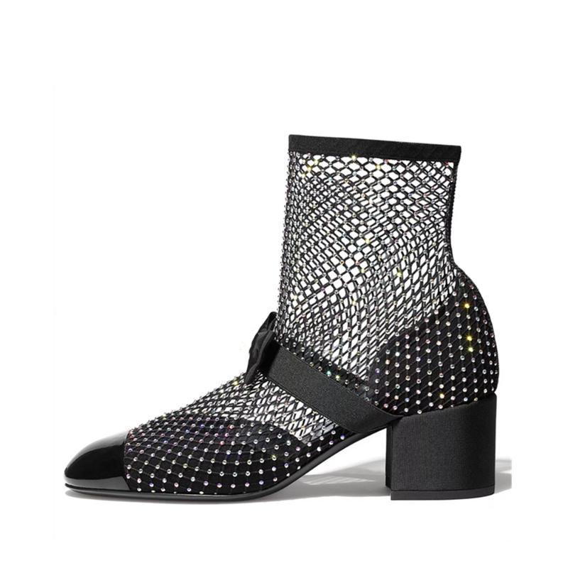 Fashion Spring Summer 2025new Rhinestone Bowkno Sexy Mesh Boots High Heels Small Fragrance Style Sandals Europe America Big Size 45 46