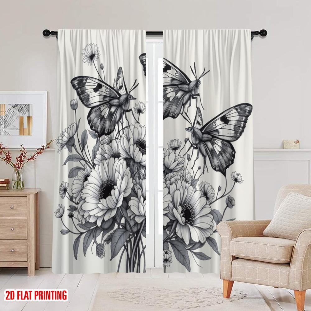 2 Stück, 2D-Flachdruck Beliebte Vorhänge Schmetterlingsblüten Polyesterstoff (ohne Stange) Perfekte Außendekorationen zum Wohnen