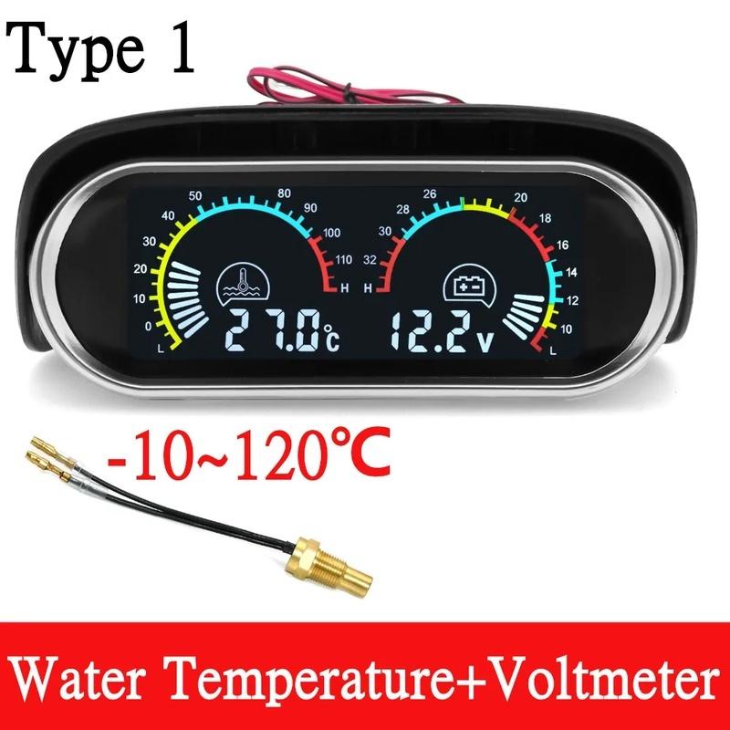 12V/24V 2 IN 1 Car Truck LCD Gauge Water Temperature Gauges +Voltmeter With 1/8 NPT Temp Sensor Water Temp Meter for Auto Cars