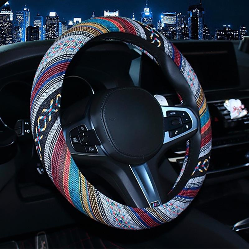 38CM Ethnic Style Coarse Linen Car Steering Wheel Cover Trendy Personalized Handle Wrap for Car Steering Wheels & Accessories