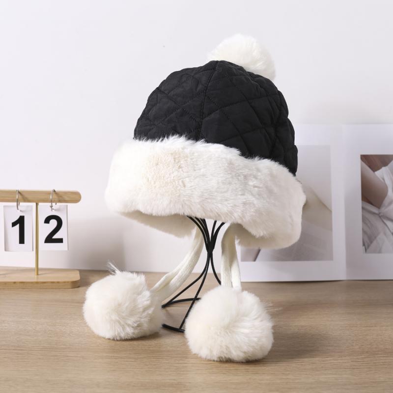 Mao Mao Hat Women's Autumn and Winter Down Fur Collar Warm Thickened Lei Feng Hat Three Hair Ball Bag Head Hat Outdoor Windproof Ear Protection