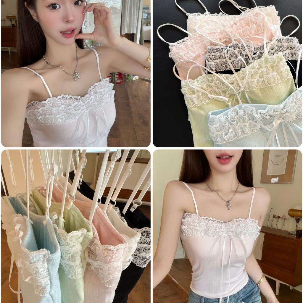 Bow Lace Spaghetti Strap Camisole Women Padded Backless Crop Tank Top
