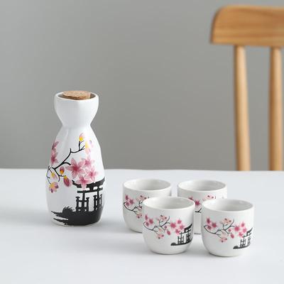 5 Pcs Sake Set Traditional Japanese Hand Painted Design Porcelain Pottery Ceramic Cups Crafts Wine Glasses (Pink Flower Striped)