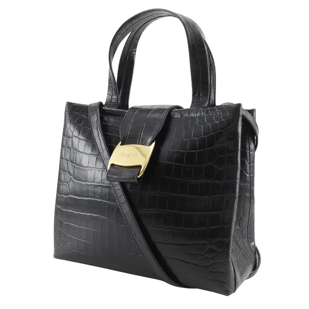 Salvatore Ferragamo Vala Handbag AQ-21 8252 2WAYShoulder Black/gold Embossed Leather Women Used