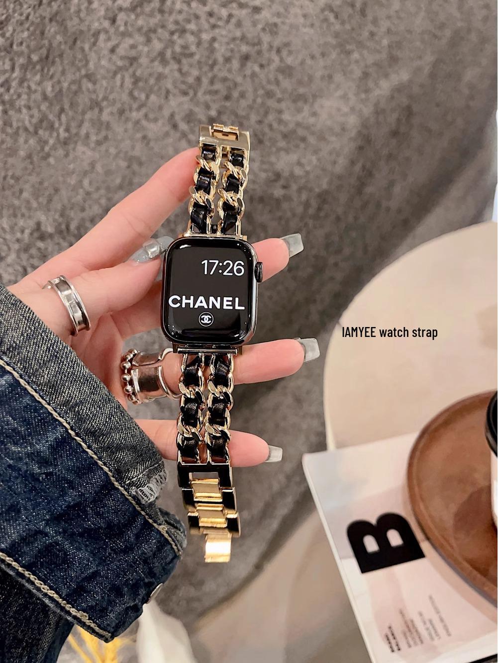 

Шикарный джинсовый ремешок с двойной цепочкой для Apple Watch Ultra/SE 987654 42/44/45/46/49 mm золотой/чёрный