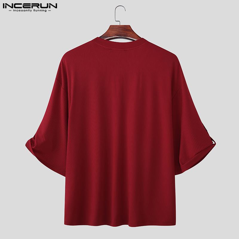 INCERUN Oversized Men Round Neck 3/4 Sleeve Rib Casual Loose T-Shirts Tops