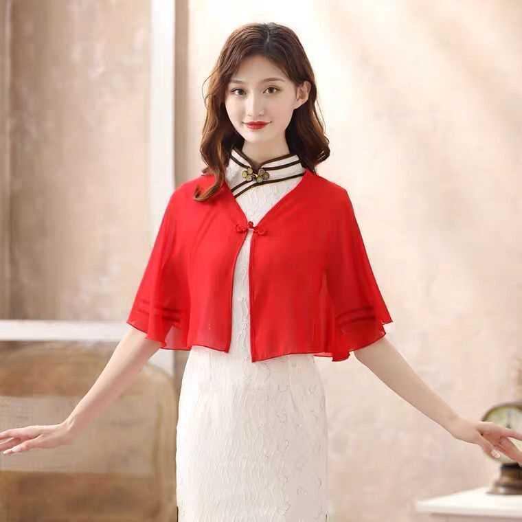 Women's Summer Chiffon Cheongsam Cardigan with Matching Skirt and Shawl – Loose, Plus Size Sunscreen Cape
