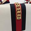[Pre-Owned] Sylvie Gold Buckle Striped Web Satin Bow Wide Shoulder Strap Leather Handbag - Very Good #SLR7VW