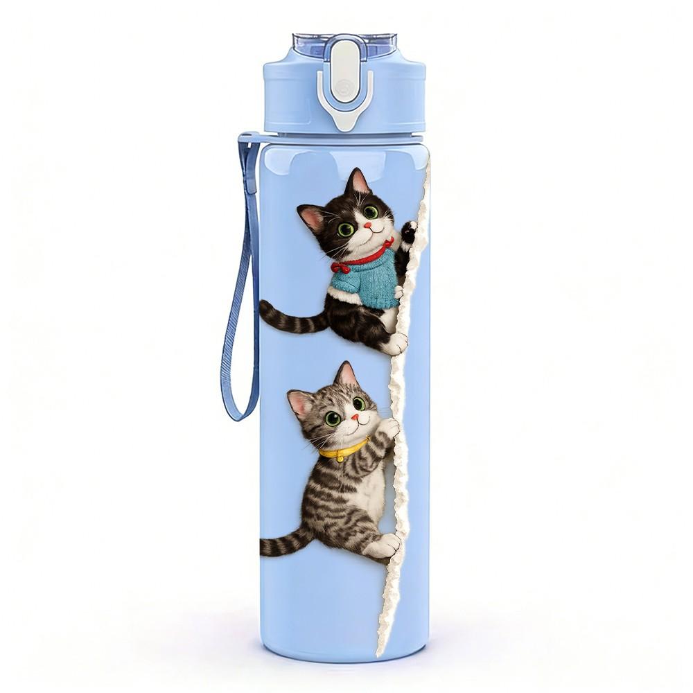 1PC Cat Climbing Up Vertical Wall Print 750ml Color Plastic Sports Water Bottle Leakproof Flip Straw Lid Suitable for Sports Office Home Use
